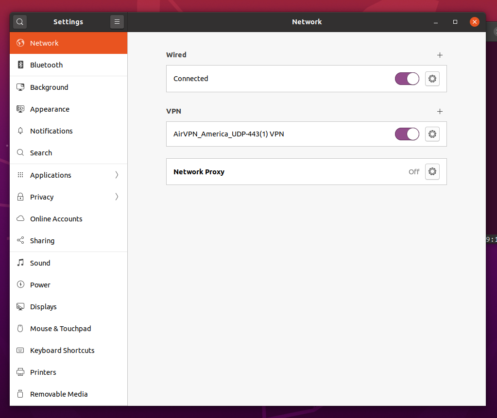 Network connection window with VPN configured